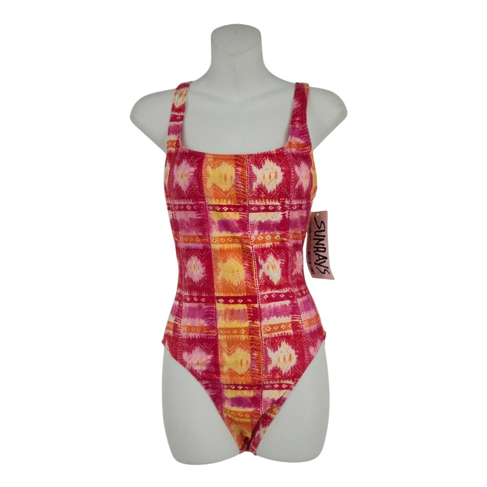 Sunrays One Piece Swimsuit Women 10 Vintage Geometric Tribal Pink Orange NWT